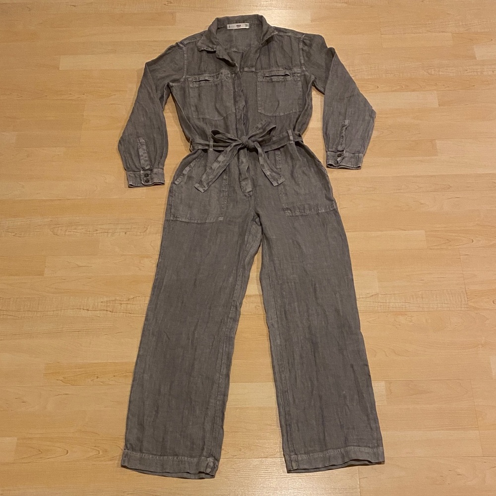 Mango Mng Casual 100% Linen Boho Utility Jumpsuit Tie Waist Gray Size Small